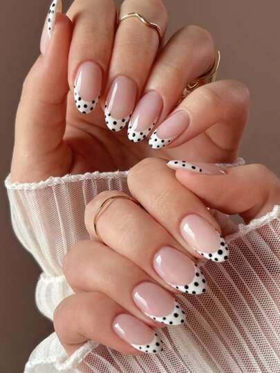 24pcs Almond-Shaped Nail Stickers, Minimalist White & Black Polka Dot Nail Art Set (Includes: 1pc Jelly Gel, 1pc Nail File), Suitable For Women's Daily, Date, Party