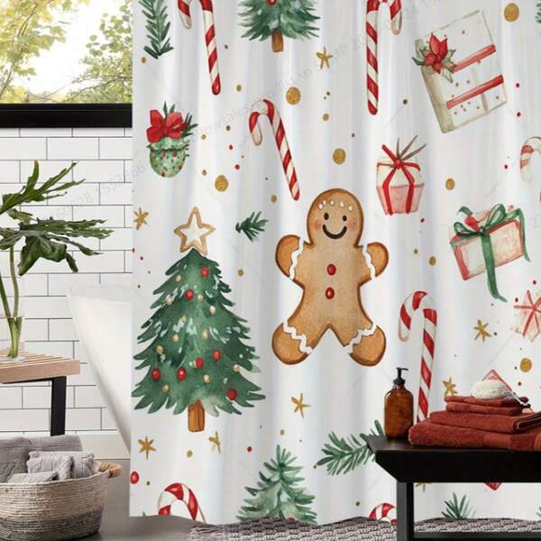 Zasłona prysznicowa z nadrukiem choinki piernikowej i laski cukrowej, wodoodporna, z 12 haczykami do okien, idealna na Boże Narodzenie