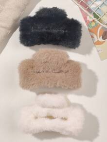 3 件套柔软毛绒方形发爪夹，百搭日常发型配饰，秋冬优雅发夹冬季发饰时尚发夹 - 彩色 - 查看 4