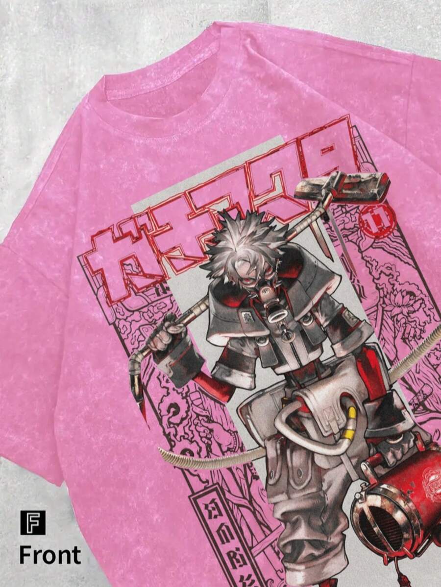 Washed Cotton Men's T-Shirt - Gachiakuta "Ludo Battle Mode" Retro Anime Comic Acid-Washed Heavy Cotton Short-Sleeved, Graphic T-Shirt, Anime Fan Gift, Men's Clothing, Street Style Tops,  Wear, Local Warehouse - 玫紅色 - 查看 1