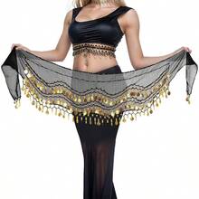 YYC Women Belly Dance Hip Scarf With Sequins Coins Belly Dancing Skirts Wrap For Bellydance Halloween Performance Costume Fashion - 黑色 - 查看 2
