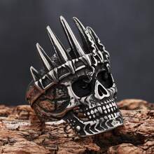 1 Piece Stainless Steel Gothic Creepy Style Death Vampire King Punk Gothic Skull Ring Halloween Jewelry Gift For Man