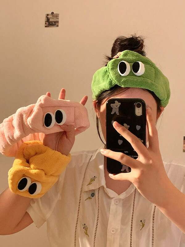 1pc Cartoon Plush Face Wash Headband With Hair Clips - Featuring Vivid Eyes, Comfortable Women's Headband, Non-Slip Makeup And Hair Accessory, Suitable For Bathroom, Shower, Daily Use, Theme Events - Face And Hairstyle Design