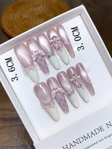 10 片纯手工制作可穿戴指甲长椭圆形指甲形状按压指甲 - 彩色 - 查看 4