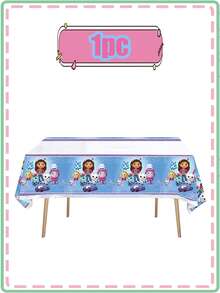 Gabby's Dollhouse Gabby's 一次性 PEVA 桌布，专为娃娃屋设计，防水防油。这款桌布适用于户外聚会、生日派对、生日派对装饰和各种派对装饰。