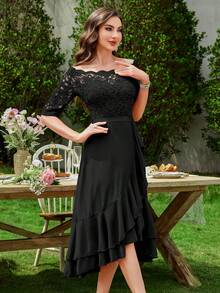 MIUSOL Elegant Women's Floral Lace Boat Neck Contrast Black Chiffon Midi Swing Dress, Half Sleeves Asymmetrical Ruffle Flowy Hem, For Wedding Guest, Cocktail Party, Evening Or Formal Event - màu đen - Xem 5