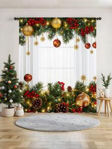 Cortina transparente decorativa com estampa de galhos de pinheiro e frutas natalinas (1 unidade), ideal para sala de estar, quarto, cozinha e decoração de festas de Natal. Gramatura: 100g/m². Ideal para decoração de Natal, decoração natalina e decoração de casa.