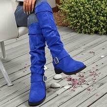 New Autumn And Winter Women's Shoes, Ruffled Low - Heel Western Cowboy Boots With Belt Buckles. These Are Long Boots With Thick Heels, Slimming Long Tubes. They Are Sports - Casual Knee - High And Thigh - High Boots, Versatile And Sexy Autumn And Winter Cowboy Boots. - 深藍色 - 查看 3