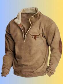 Western Style Buffalo Print Half Zip Sherpa Lined Pullover - N2KQ2 - Xem 2