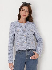 Áo khoác nữ TRAFZA thanh lịch, kiểu dáng thường ngày, chất liệu vải tweed, cổ tròn, tay dài, màu trơn, thích hợp cho mùa xuân. - Xanh và trắng - Xem 4