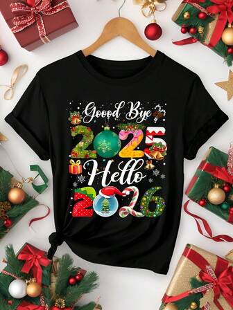 تي شيرت بأكمام قصيرة بطباعة "عام جديد سعيد 2026"، ملابس نسائية كاجوال بياقة دائرية للخريف والشتاء