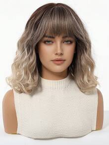 Stylish 16-Inch Ombre Mid-Long Curly Hair Synthetic Heat-Resistant Fiber Wig With Bangs Ladies Wig Is Perfect For Holiday Party Everyday Wear - 漸層 - 查看 5