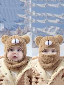 1pc Toddler Boys' Bear Ear Hooded Hat, Thermal Lined, Baby Hat With Scarf, Balaclava, Knitted Beanie, Warm Cap - 1PC - View 3