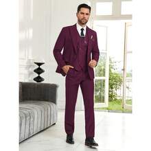 Traje slim fit para hombre de 3 piezas, traje formal de esmoquin de doble botonadura, conjunto de traje casual para boda, baile de graduación o novio - Burdeos - Ver 2
