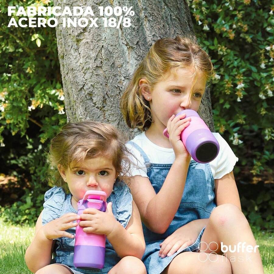 BUFFER FLASK Botella de Agua Infantil 350 ml – Termo Acero Inoxidable para Escuela – Sin BPA, Tapa con Pajilla Antifugas – Mantiene Bebidas Frías 24h / Calientes 12h – Para Niñas y Niños, Rosa - Rosa - Ver 1