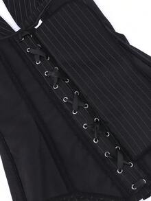 Áo corset, áo crop top kẻ sọc có cổ yếm, khóa kéo phía trước, thân áo corset phong cách cổ điển dành cho nữ, thích hợp biểu diễn trên sân khấu, Halloween - màu đen - Xem 8