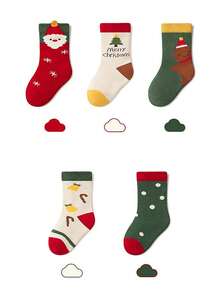 5 双儿童/幼儿圣诞袜，卡通圣诞礼物中筒袜，适合男孩和女孩 - 彩色 - 查看 2