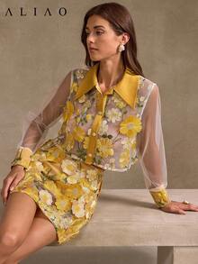 Conjunto Aliao Delicate de 2 peças com saia transparente e bordado floral 3D de flores, vestido floral, conjunto feminino de verão, ideal para casamentos, jantares, eventos formais, bailes de formatura, estilo cortesão, roupa para o Dia dos Namorados e roupa de Ano Novo. - Amarelo - Ver 1
