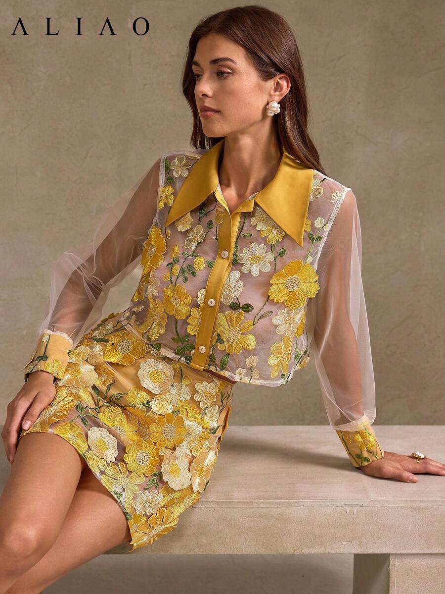 Conjunto Aliao Delicate de 2 peças com saia transparente e bordado floral 3D de flores, vestido floral, conjunto feminino de verão, ideal para casamentos, jantares, eventos formais, bailes de formatura, estilo cortesão, roupa para o Dia dos Namorados e roupa de Ano Novo. - Amarelo - Ver 1
