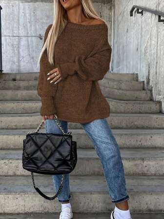 Women's Casual Fashion One Shoulder Lantern Sleeve Knitted Loose Sweater