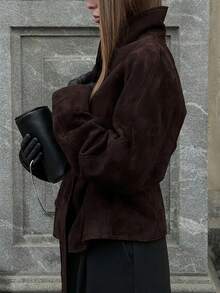 1pc Women Solid Color Faux Suede Jacket With Pockets, Belt And Buttons, Suitable For Spring And Autumn - Rust Brown - View 4