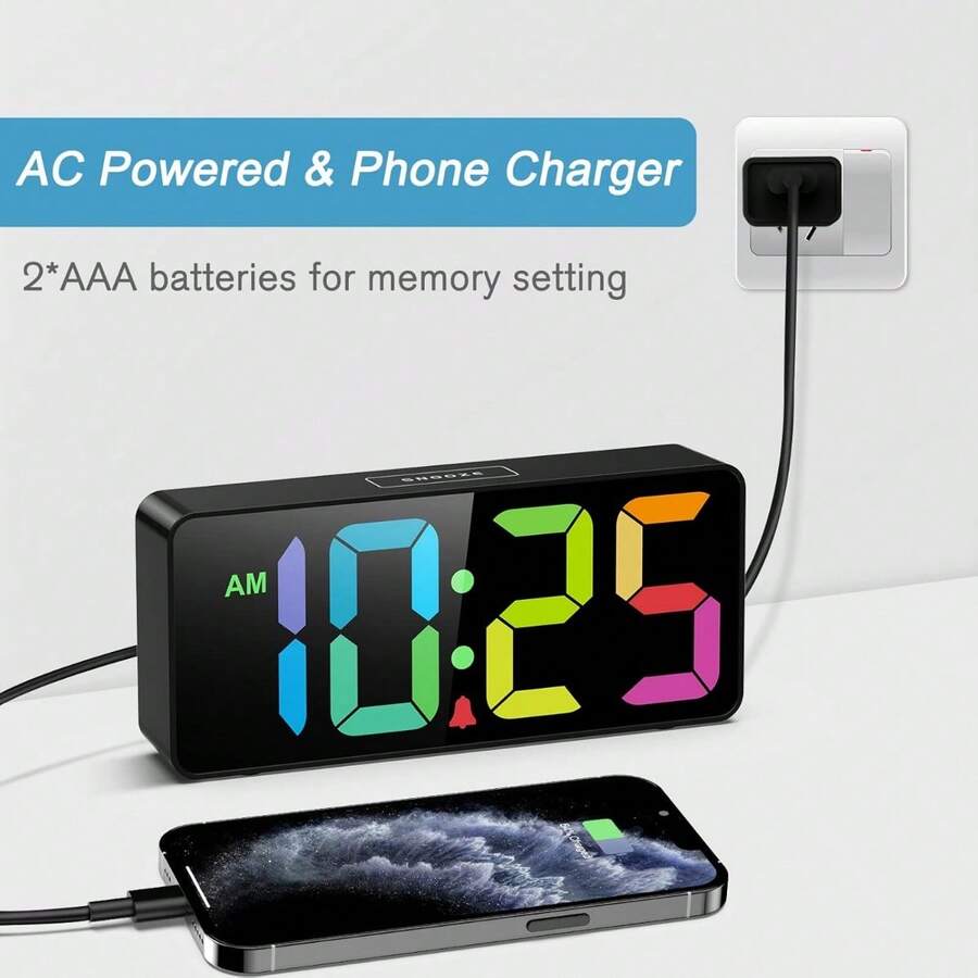 7.5 Inches Big Number Alarm Clock for Seniors & Kids, 0-100% Adjustable Brightness and Volume, USB Charging Port, Simple Operation, Snooze, Outlet Powered for Bedside - Multicolor - Ver 1