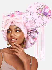 1pc Women's Elastic Ribbon Print Satin Sleeping Cap/Chemo Cap/Makeup Cap, Suitable For Daily Use - Multicolor - View 22