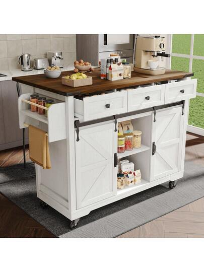 Sairedel Flexible In The Kitchen! Kitchen Isl An Extendable Worktop, Casters, Sliding Doors, Drawers Wood Look.