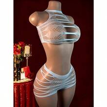 2 Pieces Of Sexy Lace Hollow Jacquard Split Jumpsuit, Tearable See Through Mesh Underwear, Women's Cute Underwear, Plus Size Bra And Underwear Set, Satin Erotic Underwear, No Crotch Design, Underwear And Bra Combination, Close Fitting Clothing, Essential For Boudoir, Tearable Details, Transparent Mesh Pattern, Soft Satin Material, Exquisite Lace Trim, Women's Underwear Set, Fashion Enthusiasts, Plus Size Erotic Underwear - 藍色 - 查看 10
