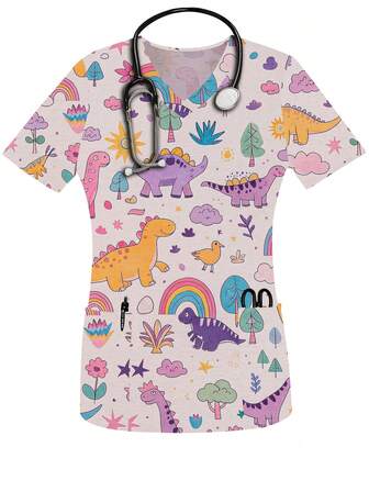 趣味恐龙印花 V 领女式磨砂上衣 短袖常规款 带口袋