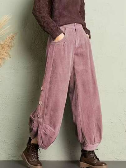 时尚纽扣装饰休闲灯芯绒裤，秋冬新品