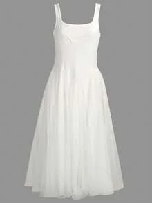 Vestido de tul sin mangas de cuello cuadrado para mujer, vestido de noche elegante, accesorios para el regreso a la escuela