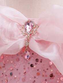 Young Girl Shiny Long Princess Dress, Open Shoulder Ruffle Puff Sleeve Sequin Tulle Full Skirt, Little Girl Fairy Princess Gown For Halloween, Christmas, Party, Evening, Holiday, Formal Occasions - Pink - View 8