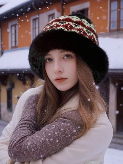 1pc Women's Bucket Hat, Japanese Style Autumn/Winter Hat, Large Head Circumference Fleece Warm Bucket Hat, Fashionable & Versatile High-End Bucket Hat