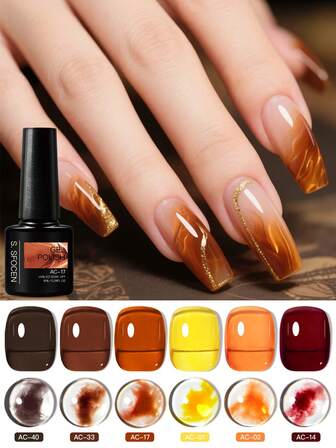 S. S FOCEN 6 件南瓜透明凝胶指甲油套装琥珀橙黄棕枫红指甲油中性半透明可拆卸 U V 凝胶指甲适用于美甲美甲 DIY 在家