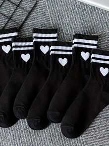 6 Pares de Meias Minimalistas Preto e Branco com Design de Alienígena, Adequadas para Esportes e Uso Diário, Todas as Estações