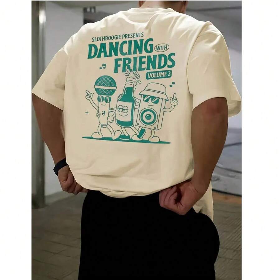 Camiseta Masculina casual de manga curta com estampa Dancing Friends - Camiseta de tecido respirável-Envio Imediato - Bege - Visão 1