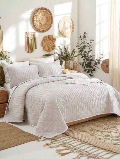 3件套米色波西米亚风镂空床罩套装（1个床罩+2个枕套，不含枕芯），农舍风格床罩，柔软透气的涤纶面料，卧室装饰，适合多种床型