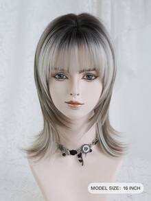 NAMM 16-Inch Premium Dark Grey Highlight White Wolf Cut Short Wig For Women With Bangs- Dark Roots Natural Looking Fluffy Very Soft Synthetic Heat Resistant Fiber Hair, Full Machine Beautiful Costume Wig For Girls Daily, Halloween Wig,Music Festival Party Street Wear, Cosplay Anime Or Costume Use(Natural Layered Texture & Lightweight) - 挑染白色 - 查看 2