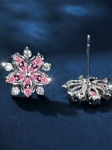 2pcs Elegant Women's Earrings, Flower Design With Sparkling Zirconia, Romantic Holiday Gift