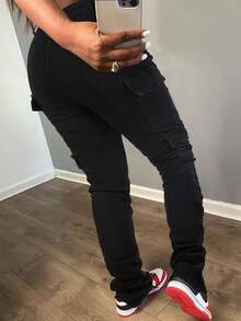 女式 Y2K 朋克多口袋弹力紧身工装叠层喇叭裤 - 黑色 - 查看 3