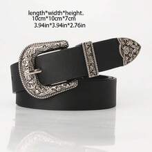 可调节复古西部牛仔腰带，适合所有年龄段，女士复古纽扣腰带，酷炫百搭，时尚装饰皮革牛仔裤腰带 - 牛仔风格雕花扣腰带，适合搭配牛仔裤、休闲裤和连衣裙 - 彩色 - 查看 6