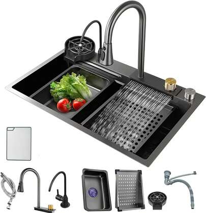 Fregadero de cocina multifunción de acero inoxidable color gris plomizo, fregadero de cocina portátil de 75*46/80*46 cm con juego de grifos dobles, fregadero en cascada con múltiples accesorios, fregadero antichispas, fregadero doméstico adecuado para cocinas, comedores, bares, autocaravanas y uso en exteriores, accesorios de cocina, menaje de cocina, artículos para el hogar