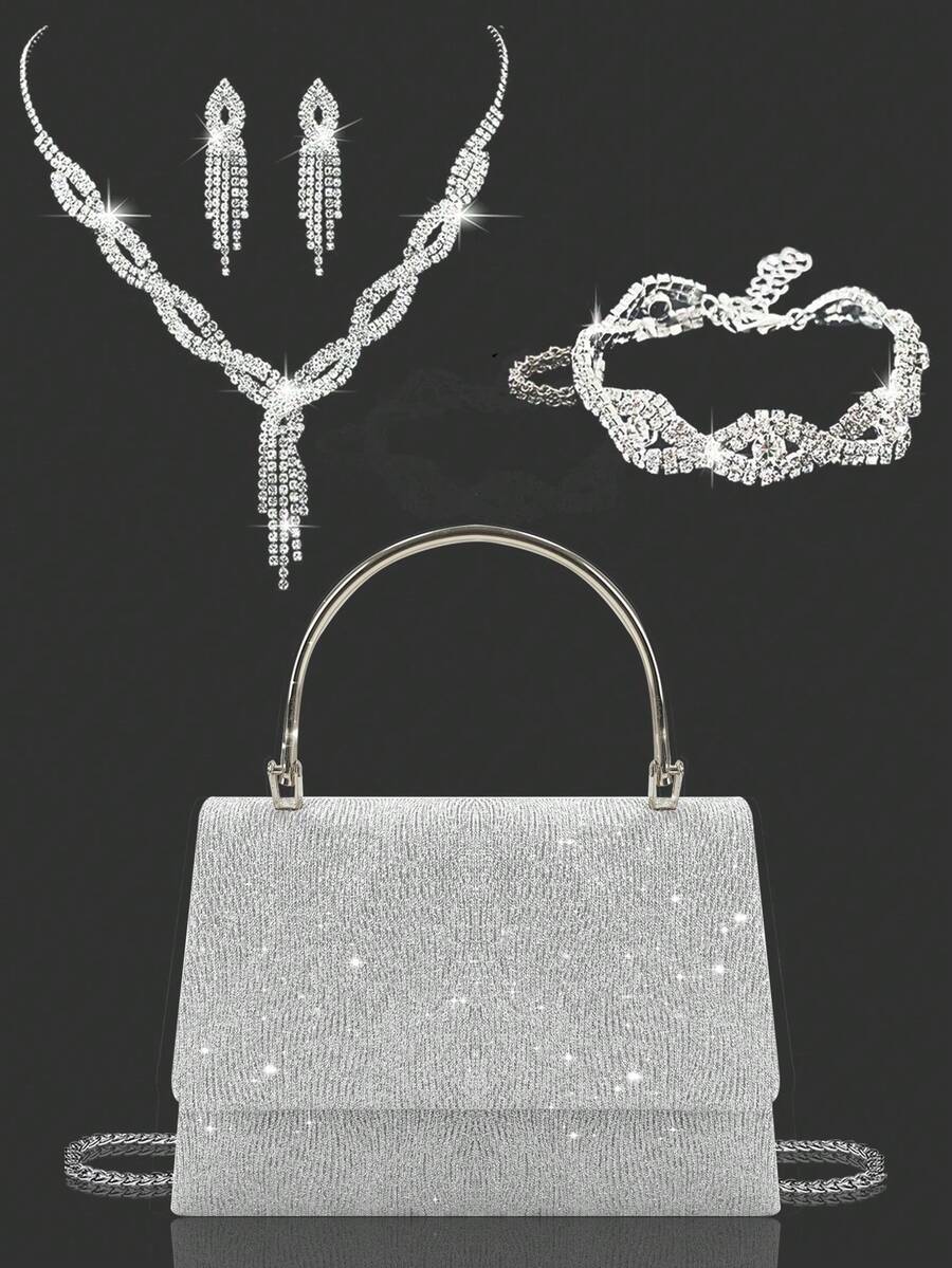 Charming And Elegant Women's Evening Handbag, Exquisite And Luxurious Shoulder Bag With Sparkling Rhinestone Embellished Necklace, Bracelet, Earrings Set, Stylish Shoulder Bag For Party Girls, Ladies, Bride, Perfect For Party, Wedding, Prom , Dinner/Banquet. - 銀色 - 查看 1