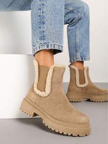 Botas femininas quentes e confortáveis de sola grossa, outono/inverno - Caqui - Ver 1