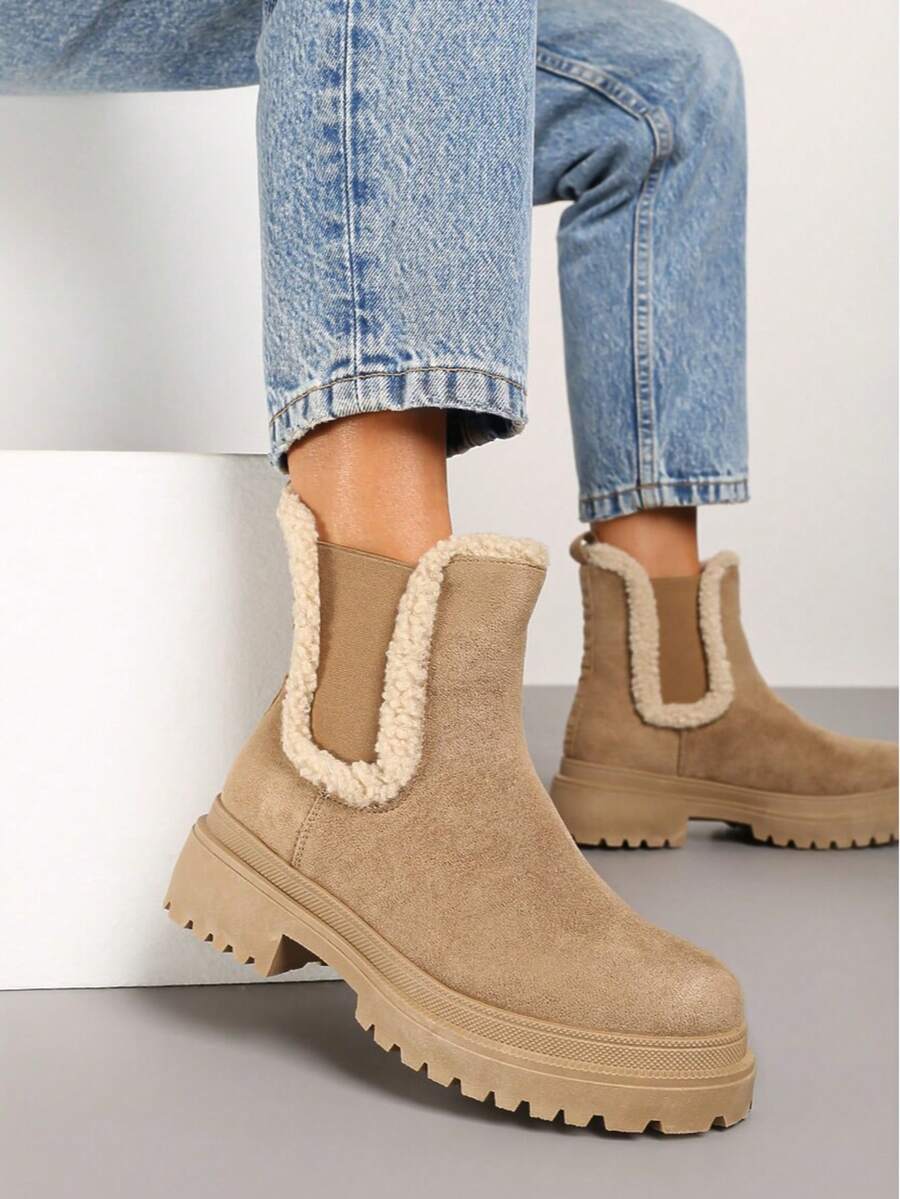 Botas femininas quentes e confortáveis de sola grossa, outono/inverno - Caqui - Ver 1