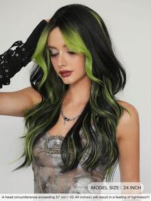 AKAKO 24 Inch Green Highlight Long Wavy Wig With Curtain Bangs, High Quality Heat-Resistant Fiber Synthetic Wave Curly Hair Wig, Gorgeous Goth Style Costume Wigs For Women Halloween Party Masquerade Ball,Music Festivals & Carnival Use - 挑染綠色 - 查看 4