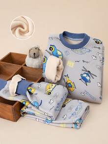 2件套小男孩加厚保暖内衣套装灰色卡通汽车印花保暖家居服男童睡衣儿童秋冬装