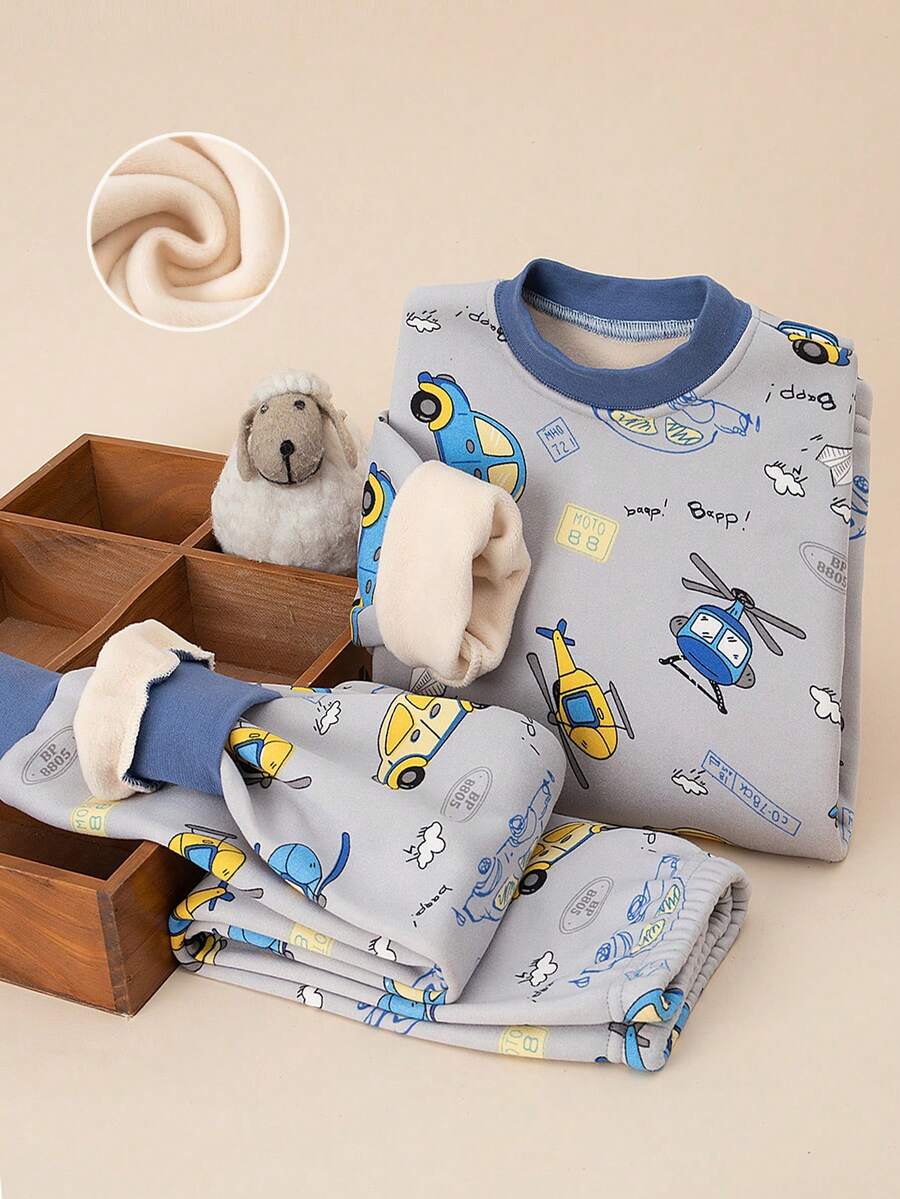 2件套小男孩加厚保暖内衣套装灰色卡通汽车印花保暖家居服男童睡衣儿童秋冬装
