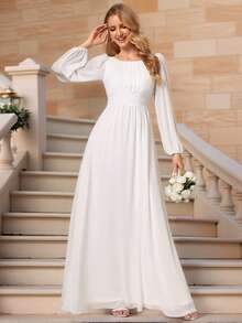 Elegant Wedding Dresses For Bride Chiffon White Dress Round Neck Lantern Sleeve Bridesmaid Dress Wedding Guest Gown For Wedding Formal Dresses